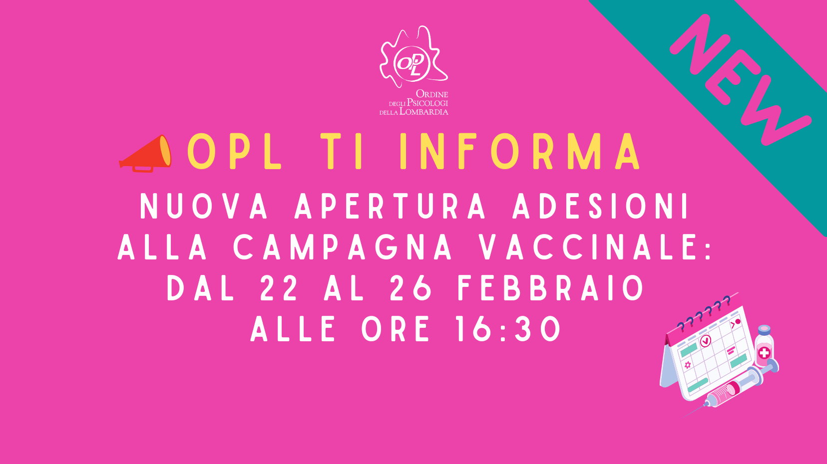 Aggiornamenti del 22/02/2021 - Nuova apertura adesioni alla campagna vaccinale: dal 22 al 26 febbraio ore 16:30