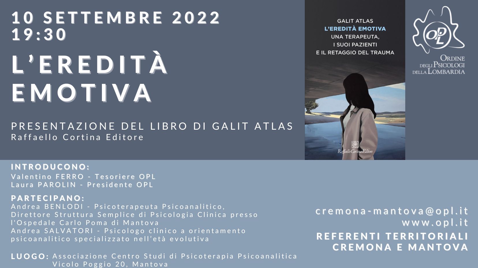 Mantova – L'eredità emotiva - Presentazione del libro di Galit Atlas - Raffaello  Cortina Editore, Eventi - Sezione Eventi dell'OPL nelle province