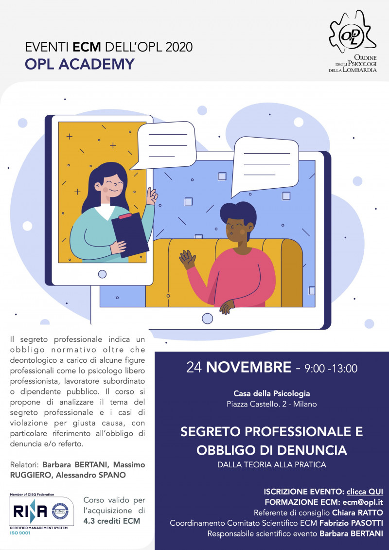 immagine articolo Evento ECM-OPL: Segreto professionale e obbligo di denuncia: dalla teoria alla pratica