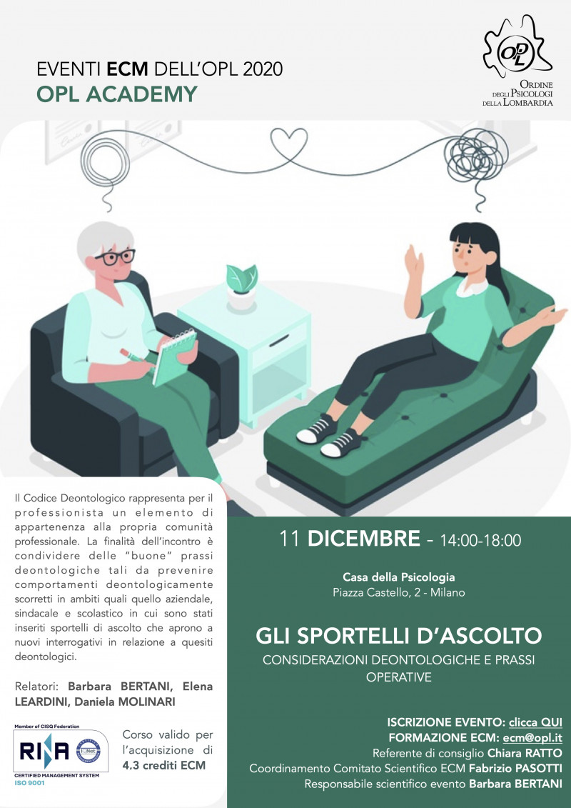 immagine articolo Evento ECM-OPL: Gli sportelli d’ascolto: considerazioni deontologiche e prassi operative