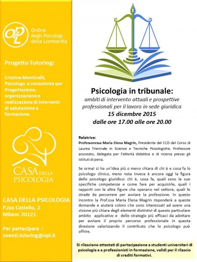 immagine articolo Evento tutoring - Psicologia in tribunale: ambiti di intervento attuali e prospettive professionali per il lavoro in sede giuridica