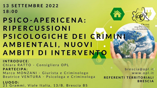 immagine articolo BRESCIA – PSICO-APERICENA:  ripercussioni psicologiche dei crimini ambientali, nuovi ambiti di intervento