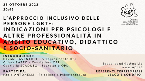 immagine articolo LECCO - SONDRIO: l’approccio inclusivo delle persone LGBT+: indicazioni per psicologi e altre professionalità in ambito educativo, didattico e socio-sanitario