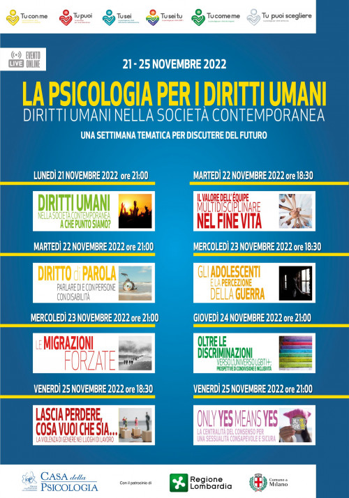 La Psicologia per i Diritti Umani”: al via il 21 novembre la terza edizione della settimana dedicata alla psicologia e ai diritti umani organizzata dall’Ordine degli Psicologi della Lombardia (OPL)