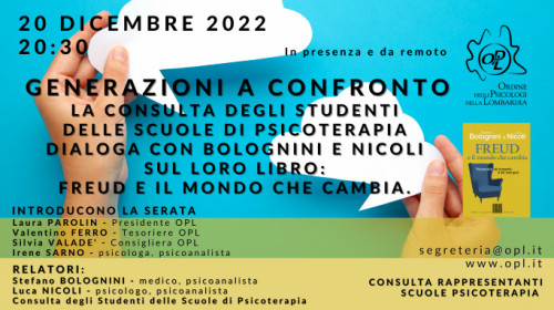 immagine articolo Generazioni a confronto. La Consulta degli Studenti delle Scuole di Psicoterapia dialoga con Bolognini e Nicoli sul loro libro: Freud e il mondo che cambia