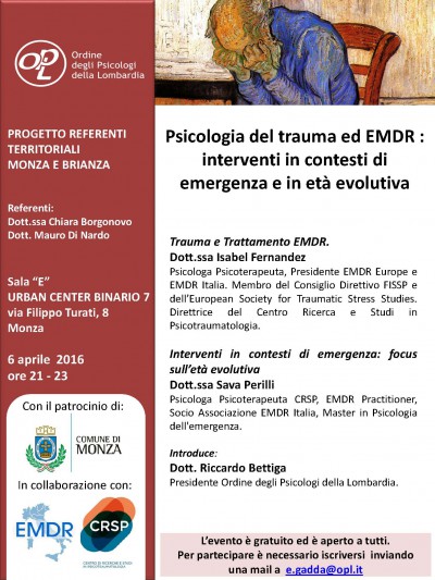 immagine articolo MONZA - Psicologia del trauma ed EMDR : interventi in contesti di emergenza e in età evolutiva