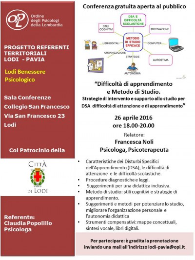 immagine articolo LODI - Difficoltà di apprendimento e Metodo di Studio. Strategie di intervento e supporto allo studio per DSA difficoltà di attenzione e di apprendimento - Rassegna Benessere Psicologico primavera 2016
