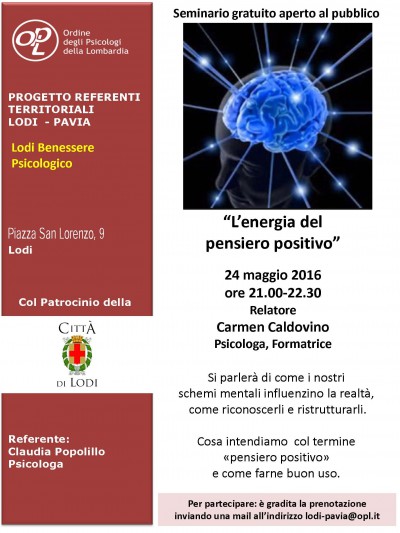 immagine articolo LODI - L’energia del pensiero positivo - Rassegna Benessere Psicologico primavera 2016