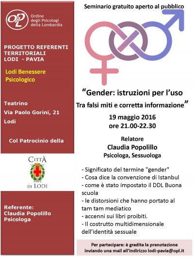 immagine articolo LODI - Gender: istruzioni per l’uso . Tra falsi miti e corretta informazione - Rassegna Benessere Psicologico primavera 2016