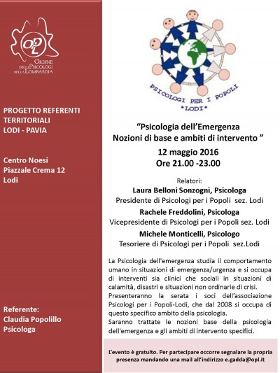 immagine articolo LODI - Psicologia dell’Emergenza. Nozioni di base e ambiti di intervento