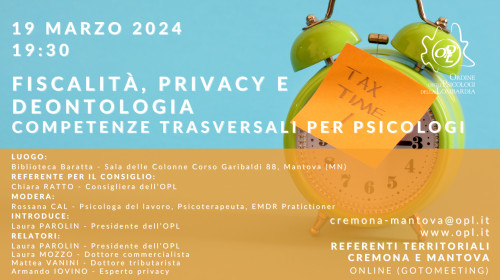 immagine articolo Mantova – Fiscalità, privacy e deontologia - Competenze trasversali per psicologi