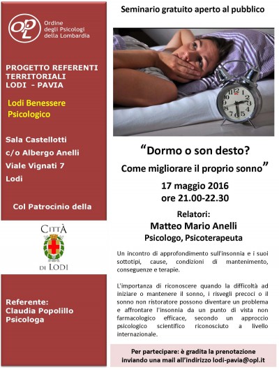 immagine articolo LODI - “Dormo o son desto? Come migliorare il proprio sonno” - Rassegna Benessere Psicologico primavera 2016