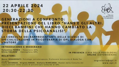 immagine articolo Generazioni a confronto: presentazione del libro “Hans e gli altri. Dieci bambini che hanno cambiato la storia della psicoanalisi”.
La Consulta dei Rappresentanti delle Scuole di Specializzazione in Psicoterapia di OPL dialoga con l’autore Marco Innamorati