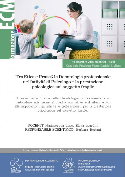 immagine articolo Evento ECM-OPL: Tra Etica e Prassi: la Deontologia professionale nell’attività di Psicologo – la prestazione psicologica sul soggetto fragile