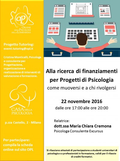 immagine articolo  Evento tutoring OPL ‘ALLA RICERCA DI FINANZIAMENTI PER PROGETTI DI PSICOLOGIA: COME MUOVERSI E A CHI RIVOLGERSI’