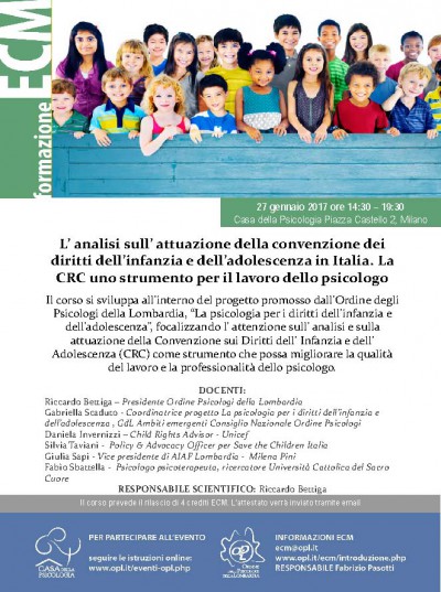 immagine articolo Evento ECM-OPL: L’analisi sull’ attuazione della convenzione dei diritti dell’infanzia e dell’adolescenza in Italia. La CRC uno strumento per il lavoro dello psicologo