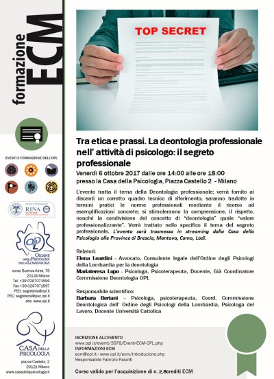 immagine articolo Evento ECM-OPL: Tra Etica e Prassi: la Deontologia professionale nell’attività di Psicologo – il segreto professionale