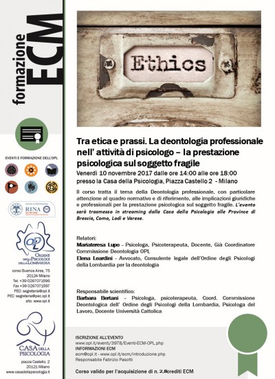 immagine articolo Evento ECM-OPL: Tra Etica e Prassi: la Deontologia professionale nell’attività di Psicologo – la prestazione psicologica sul soggetto fragile
