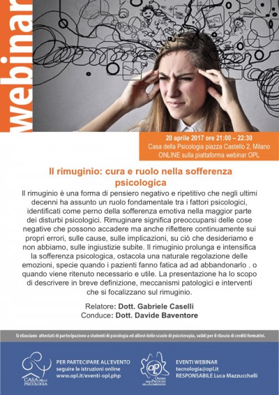 immagine articolo Webinar OPL - Il rimuginio: cura e ruolo nella sofferenza psicologica