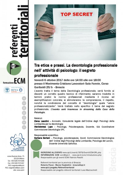 immagine articolo BRESCIA Evento ECM-OPL: Tra Etica e Prassi: la Deontologia professionale nell’attività di Psicologo – il segreto professionale