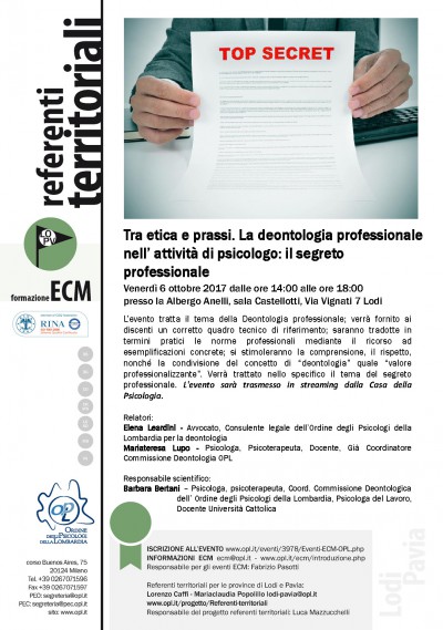 immagine articolo LODI Evento ECM-OPL: Tra Etica e Prassi: la Deontologia professionale nell’attività di Psicologo – il segreto professionale