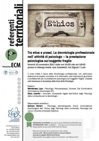 immagine articolo LODI Evento ECM-OPL: Tra Etica e Prassi: la Deontologia professionale nell’attività di Psicologo – la prestazione psicologica sul soggetto fragile