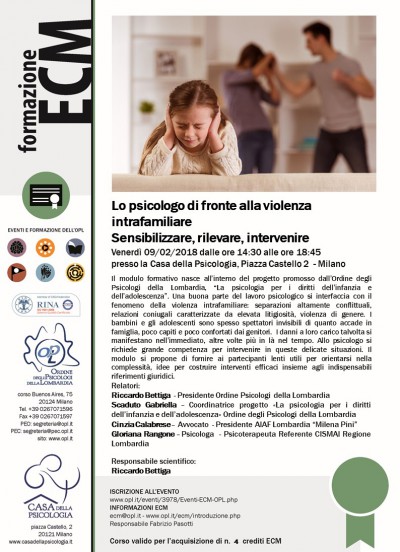 immagine articolo Evento ECM-OPL: Lo psicologo di fronte alla violenza intrafamiliare. Sensibilizzare, rilevare, intervenire